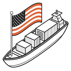 Illustration of an american flag waving proudly on a cargo ship carrying shipping containers across the ocean