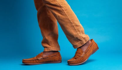 A man wearing light brown corduroy pants and moccasins, standing on a blue background, close-up of the shoes, flat lay composition, high resolution photography.