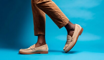 A man wearing light brown corduroy pants and moccasins, standing on a blue background, close-up of the shoes, flat lay composition, high resolution photography.