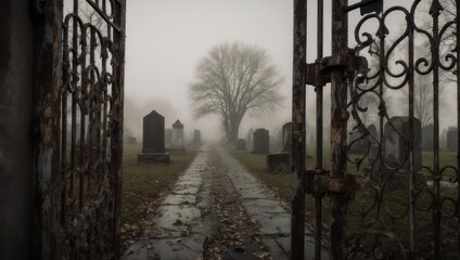 Eerie Cemetery Entrance with Fog and Iron Gate.