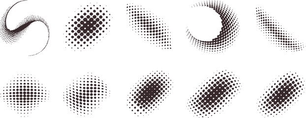 Collection of eight black and white halftone abstract shapes