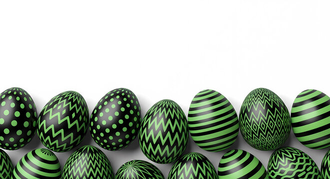 A close up of easter eggs with green and black patterns on a white background