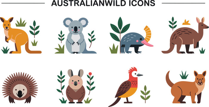 Collection of stylized flat icons representing iconic australian animals including kangaroo koala platypus emu wombat echidna cockatoo and dingo