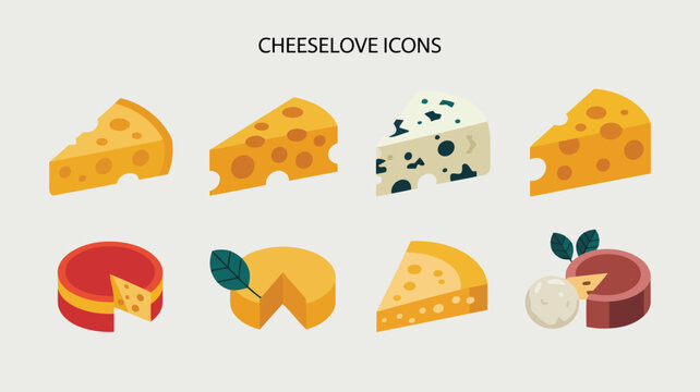 Set of eight flat design cheese icons including cheddar swiss blue mozzarella parmesan brie and goat cheese