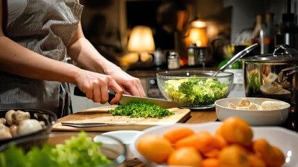 Chopping fresh vegetables for a healthy meal preparation in a cozy kitchen with warm lighting in the evening - Powered by Adobe