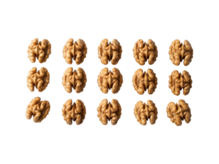 Fifteen walnut halves arranged in a grid pattern against a solid black background