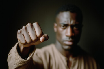 Determined young man holding a fist forward in defiance against dark background