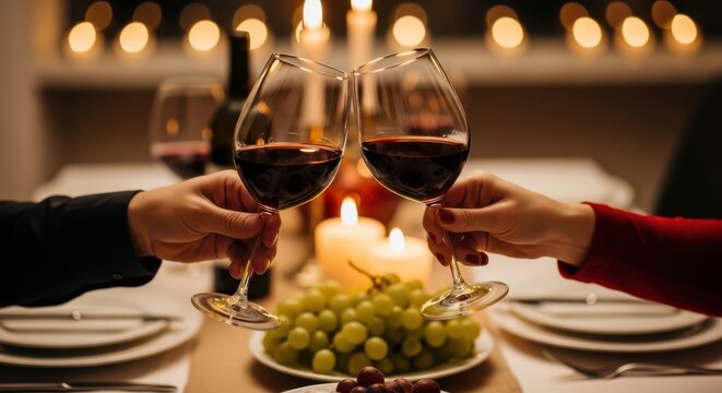 Couple toasting with red wine glasses during a romantic dinner with candles and grapes on a table, celebrating a special occasion