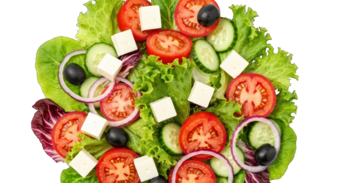 Fresh salad with tomatoes, cucumbers, olives, feta, and lettuce on transparent