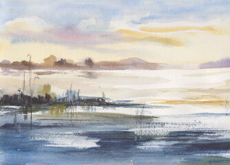 Watercolor landscape of a river before sunset