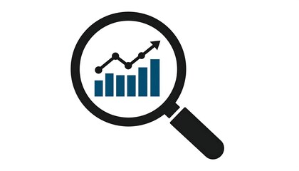 Magnifying glass focusing on a rising bar graph and line chart.