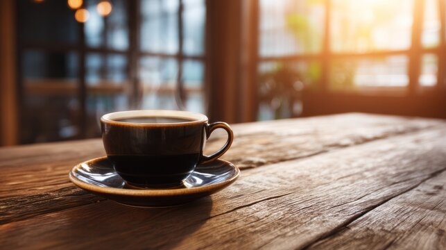 A close-up of a cup of hot coffee sitting on a rustic wooden table, with a warm glow.