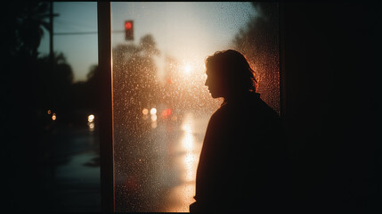 Silhouetted young adult man at sunset by rain-soaked window