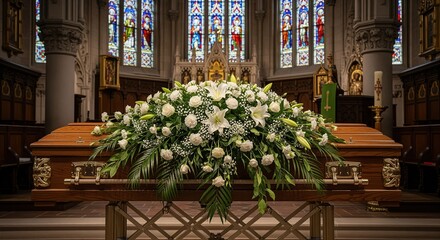 A wooden casket covered with white roses and greenery inside a church with stained glass windows. Perfect for funeral planning, memorial services, and sympathy materials.
