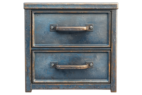 Front view of a weathered, blue-grey metal two-drawer filing cabinet
