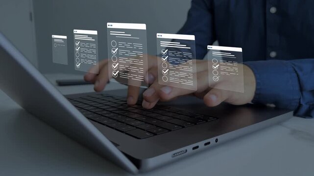 Law regulation and compliance rules on virtual screen.Productivity checklist.Regulations, law, standards and requirements.Quality assurance,guarantee, standards, certification and standardization.