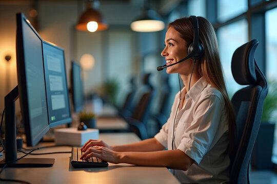 Modern Remote Work Setup: Blonde Woman with Headphone Working Late on Multiple Monitors