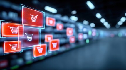 Digital shopping experience retail store e-commerce visuals modern environment low angle view innovative technology concepts