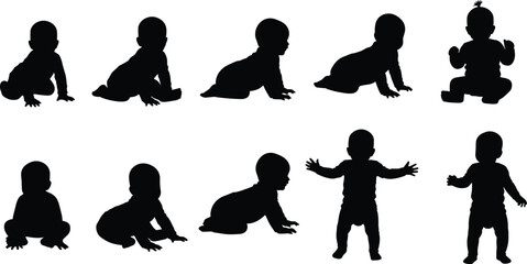 Set of ten black vector silhouettes of cute babies in various poses including sitting, crawling, and standing, representing child development, infancy, innocence, and joyful early childhood 