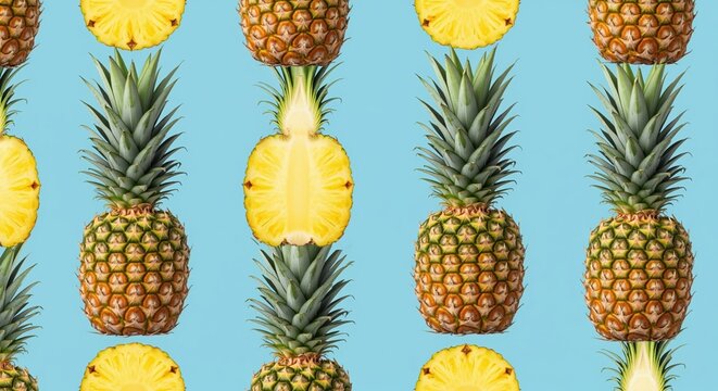 Fresh whole pineapples and sliced pineapple pieces arranged on a bright blue background. Perfect for tropical themes, summer projects, healthy eating campaigns, and food-related designs.