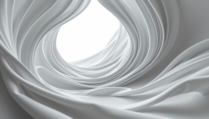 The image features an abstract, flowing position dominated by smooth, curved lines and layered ribbons of varying thickness, The primary colors are soft whites and subtle grays, creating a clean
