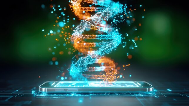 Dynamic dna visualization smartphone technology digital art futuristic environment close-up perspective genetic innovation