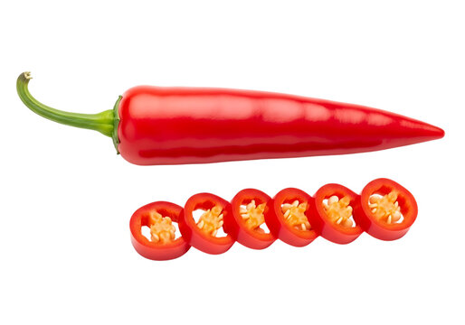 Bright red chili pepper whole and sliced into small rings, isolated on transparent background