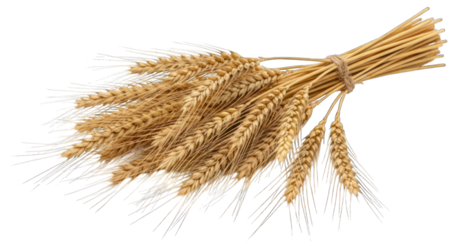 Golden sheaf of wheat tied with twine on a black background, top lighting
