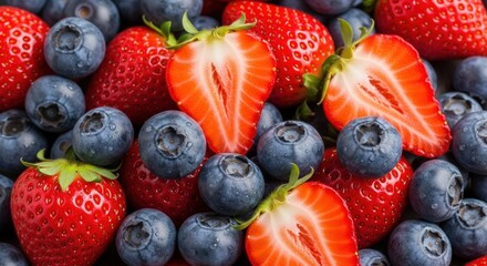Obraz premium Fresh Strawberries and Blueberries Close-Up in Abundant Arrangement on Wooden Surface