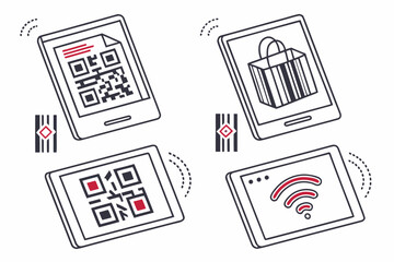 Four Smartphones Displaying QR Codes Shopping Bag and Wi Fi Symbols mobile phone