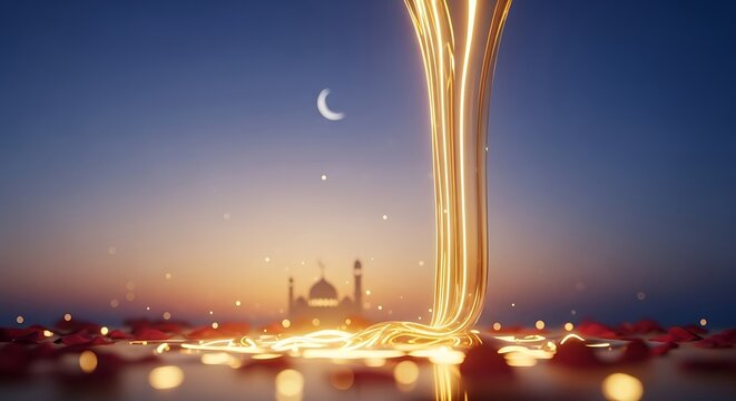 Abstract illustration of a mosque at dusk with flowing golden light and crescent moon - Powered by Adobe