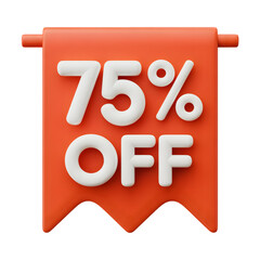 75 _ sale Off Banner 3d icon in cartoon plastic style minimal isolated on transparent white background, clipping path