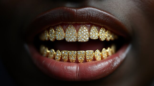 Stunning gold and diamond grillz shine brightly in close-up view, showcasing exquisite craftsmanship and bold luxury in a unique fashion statement 
