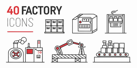 Set of 40 Factory and Industrial Icons in Line Art Style Keywords: factory, industrial, icon, set