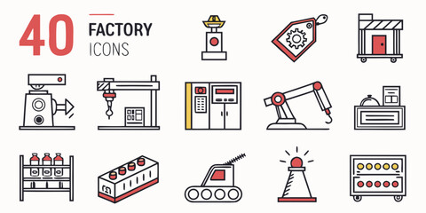 Collection of 40 Industrial and Factory Icons with Red and Yellow Accents Keywords: factory