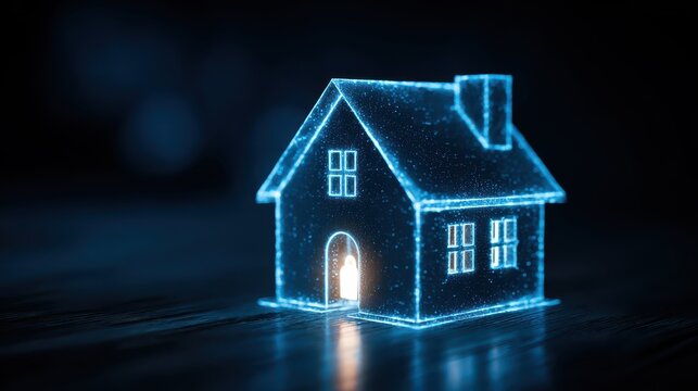 Futuristic digital model of a glowing house with neon light, symbolizing innovation, technology, and modern architecture in a dark environment.