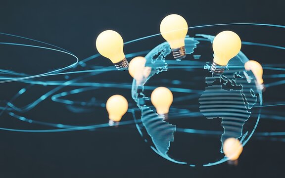 Glowing Light Bulbs Orbiting a Digital Globe with Light Trails idea innovation