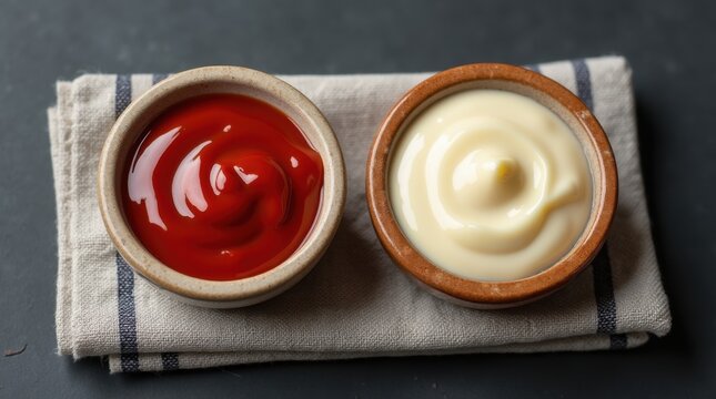 Two small bowls filled with ketchup and mayonnaise sit on a linen napkin against a dark slate background, perfect for condiment advertising 
