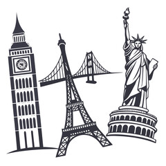 Obraz premium Famous Landmarks Silhouette Collection Big Ben Eiffel Tower Statue of Liberty Golden Gate