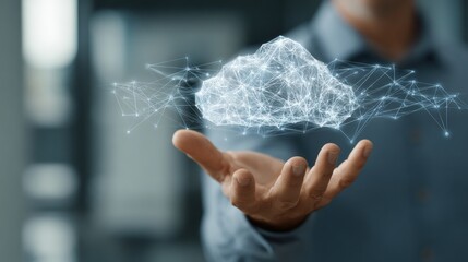 Digital cloud technology concept with network connections and data transfer visualized over a hand in modern office environment showcasing innovation