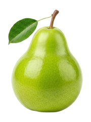 Glossy green pear with a stem and small leaf, isolated against black