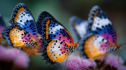 A close-up of a group of colorful butterflies resting on a flower, showcasing their vivid wings in shades of blue, orange, and pink.