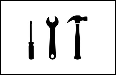 Simple silhouette icons of a screwdriver wrench and hammer tools