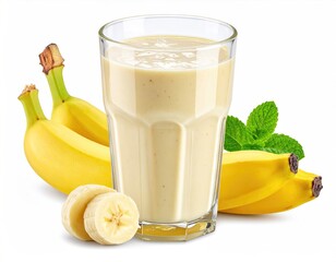 Banana smoothie with bananas and mint leaves garnish