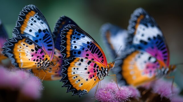 A close-up of a group of colorful butterflies resting on a flower, showcasing their vivid wings in shades of blue, orange, and pink.
