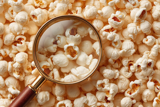 Magnifying glass on popcorn kernels reveals texture and detail in golden snack