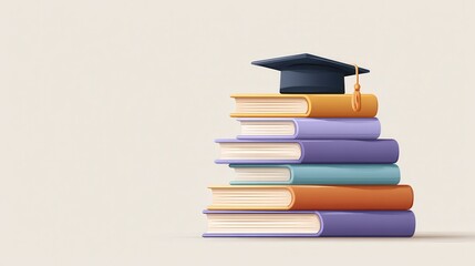 Flat vector illustration of a stack of colorful books topped with a graduation cap. Education and academic achievement concept.