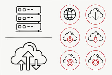 Server Rack Cloud Icons and Global Network Symbols Keywords: server, rack, cloud computing, data
