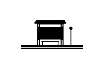 Bus Stop Shelter Silhouette Vector Icon, Public Transport Station with Bench