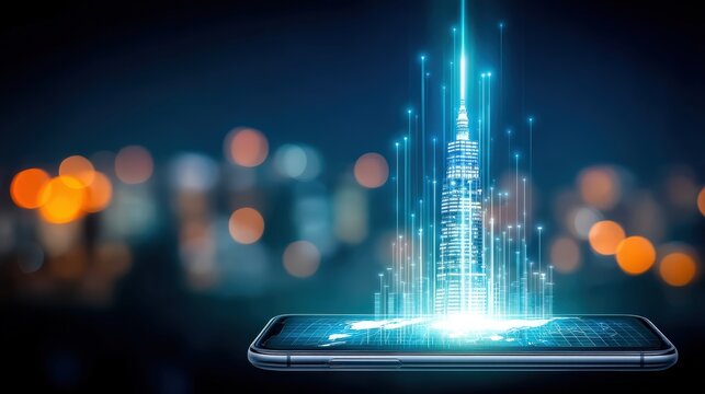 Virtual cityscape smartphone innovation urban environment 3d visualization nighttime view futuristic concept for modern technology